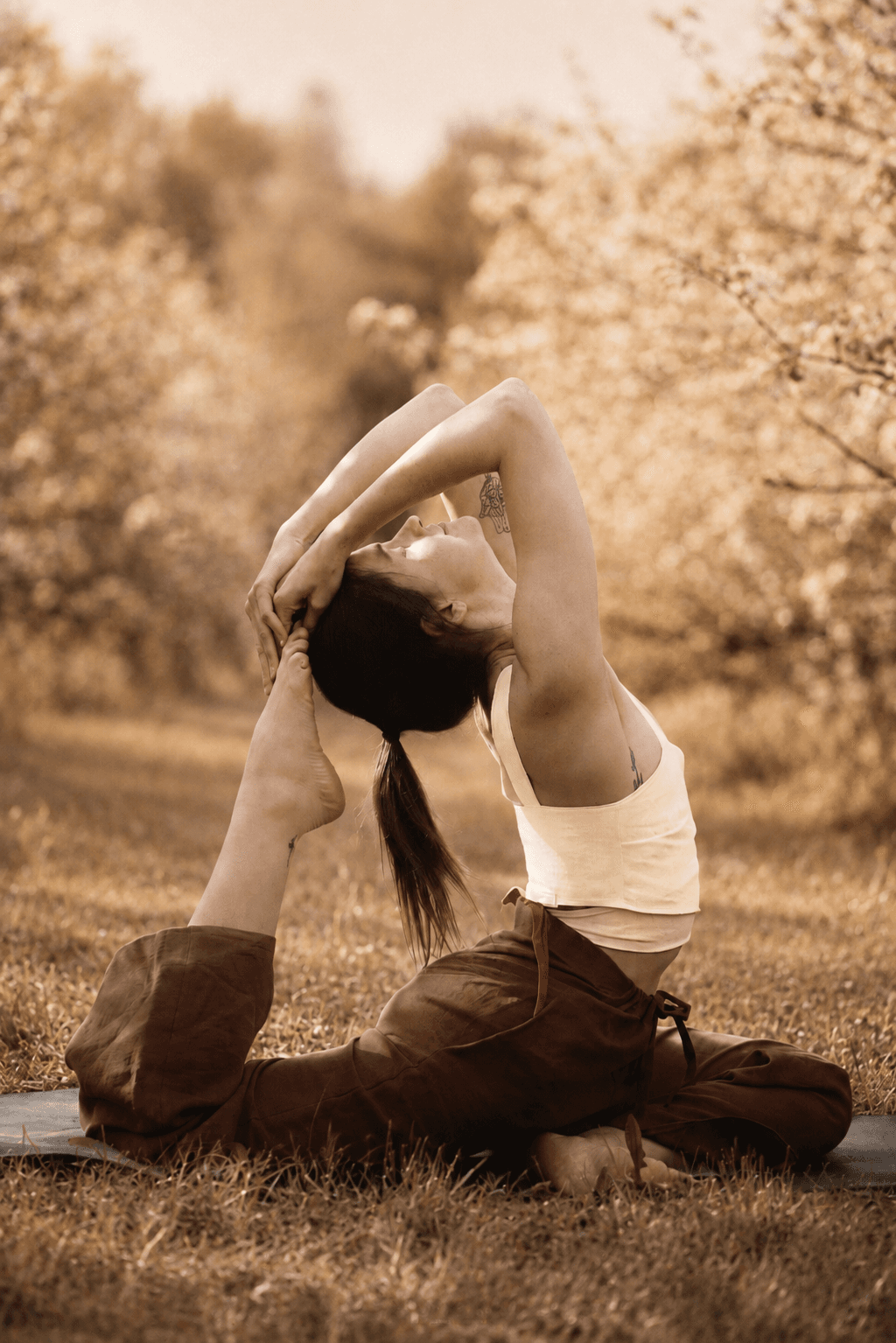 Yoga instructor performing a seated backbend stretch in a sunlit orchard